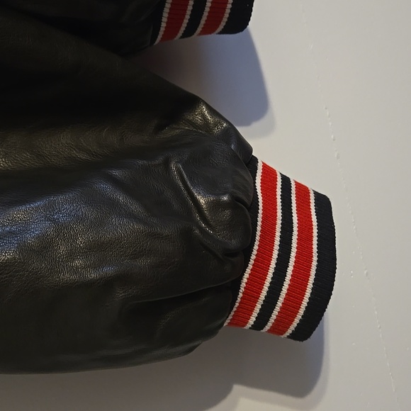 Buttermelon Black Faux Leather Varsity Bomber Jacket with Red & White Trim - Picture 2 of 8
